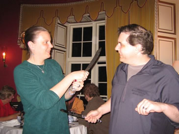 The 'traditional' knife fight before cutting the cake (we had to get those through security to Ireland - not easy...